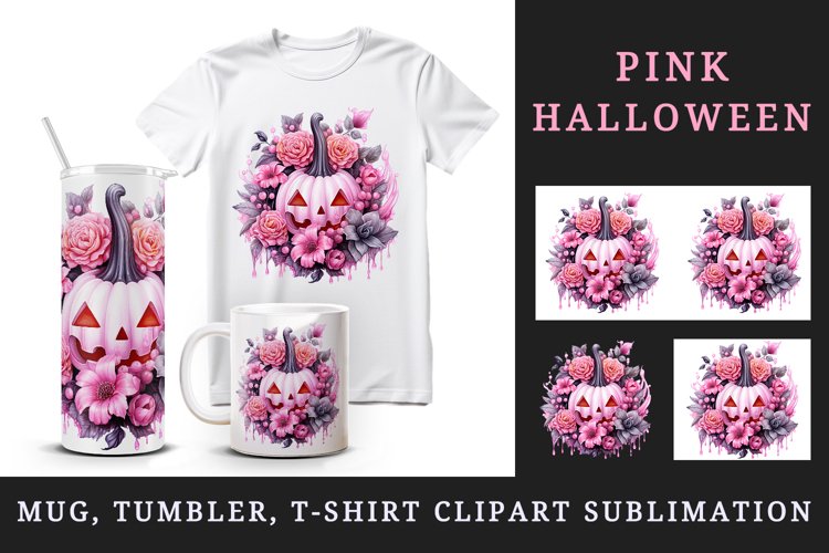 Watercolor Halloween floral pumpkin carving flowers roses Jack-o-lantern 20 oz tumbler skinny mug wrap clipart t-shirt sublimation printable design