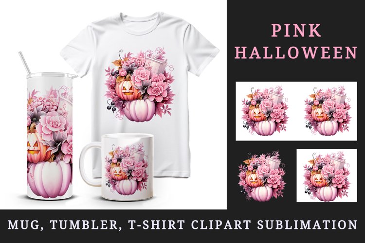 Watercolor Halloween floral pumpkin carving flowers roses Jack-o-lantern 20 oz tumbler skinny mug wrap clipart t-shirt sublimation printable design