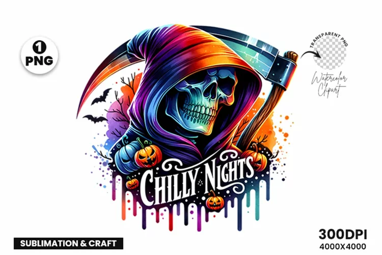 Watercolor Halloween Grim Reaper Sublimation Clipart PNG