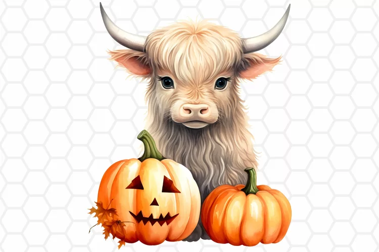 Watercolor Halloween Highland cow Clipart, Sublimation PNG