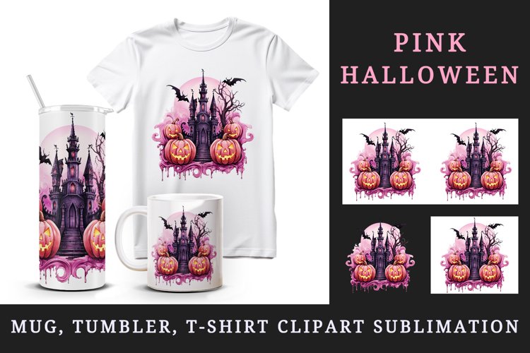 Watercolor Halloween night pumpkins castle haunted house Jack-o-lantern 20 oz tumbler skinny mug wrap clipart t-shirt sublimation printable design