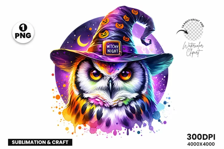 Watercolor Halloween Witchy Owl Sublimation Clipart PNG