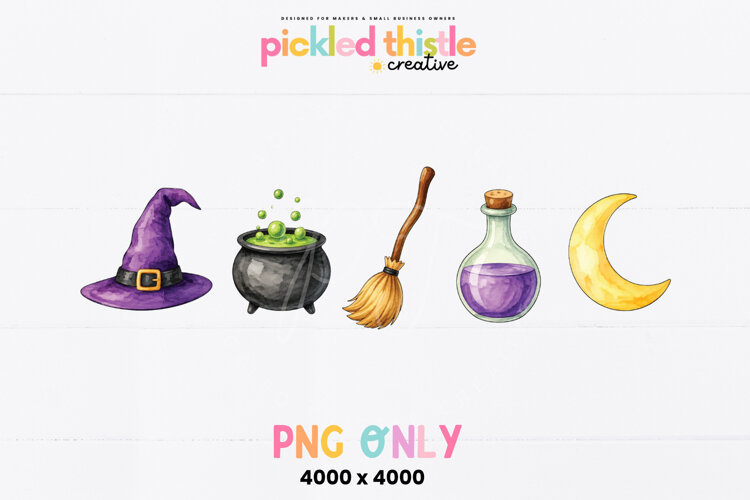 Watercolor witch PNG graphics featuring five coordinating magical elements in purple, green, gold and charcoal tones with hand-painted texture and softly shaded details.