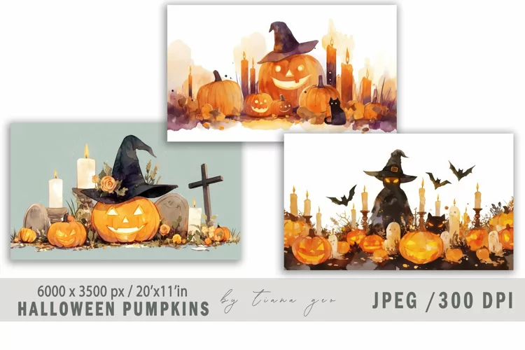 Cute watercolor Halloween pumpkins - 3 jpeg files