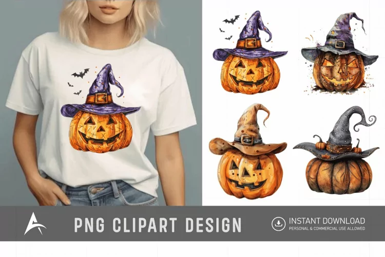 Watercolor Halloween Pumpkin Hat Clipart