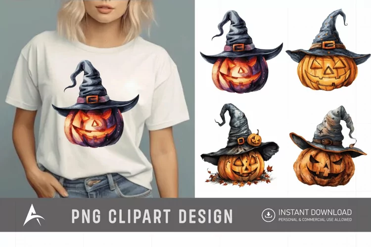 Watercolor Halloween Pumpkin Hat Clipart