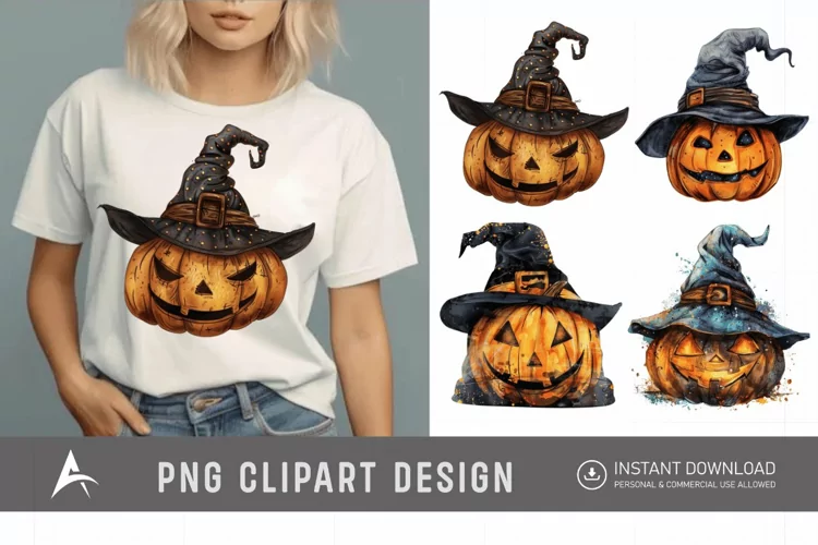 Watercolor Halloween Pumpkin Hat Clipart