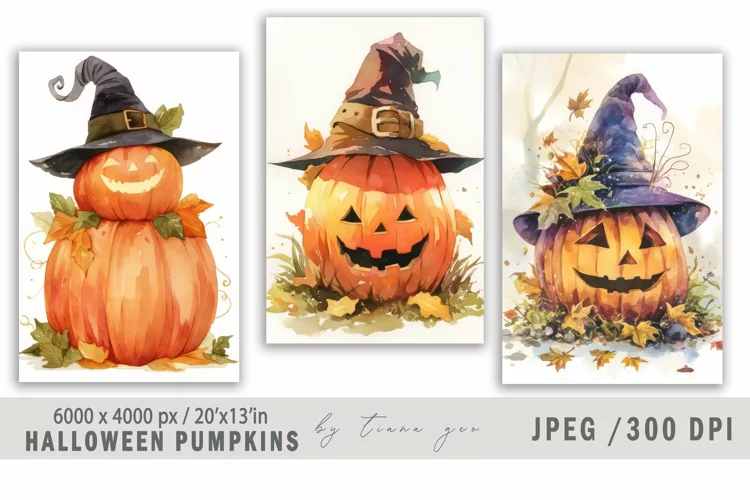 Cute watercolor Halloween pumpkins - 3 jpeg files