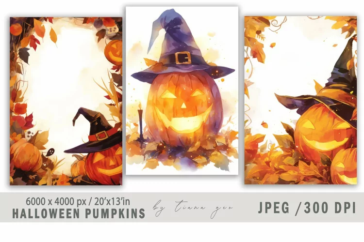 Cute watercolor Halloween pumpkins - 3 jpeg files