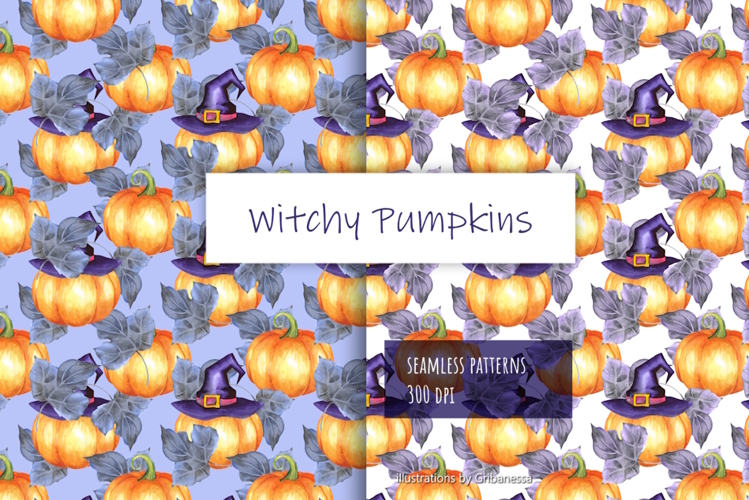 Watercolor Halloween Seamless Pattern Set