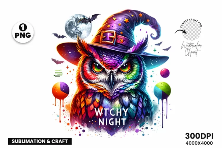 Watercolor Halloween Spooky Owl Witchy Night Sublimation PNG