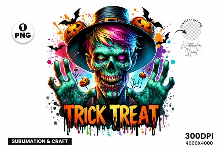 Watercolor Halloween Spooky zombie Trick Treat clipart PNG