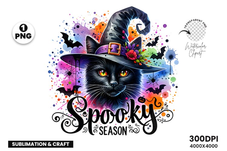 Watercolor Halloween Spooky season black witch cat clipart