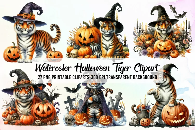 Watercolor Halloween Tiger Clipart