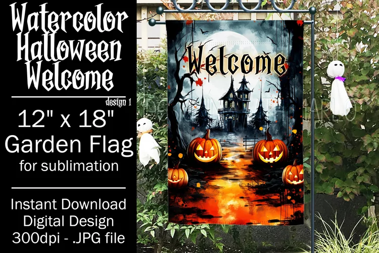 Halloween Garden Flag, Watercolor Halloween Welcome Flag