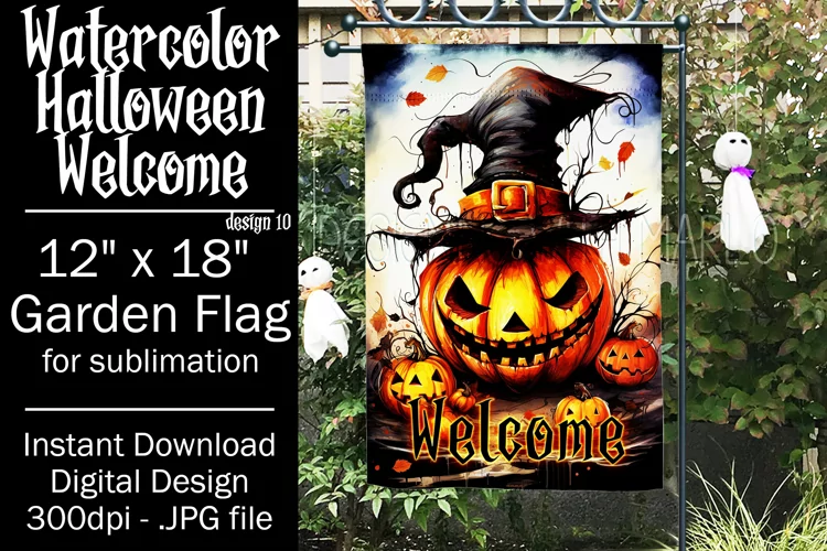Halloween Garden Flag, Watercolor Halloween Welcome Flag
