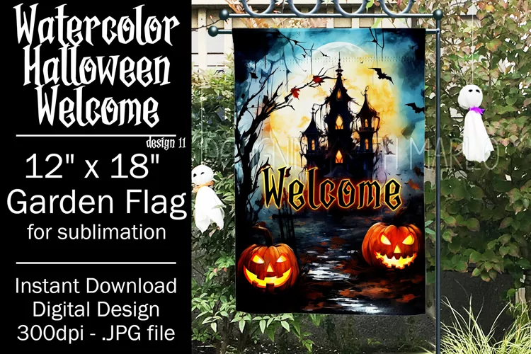 Halloween Garden Flag, Watercolor Halloween Welcome Flag