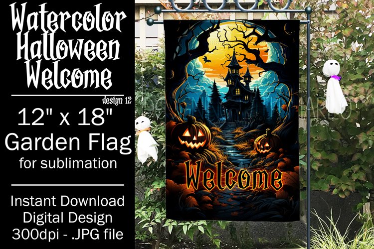Halloween Garden Flag, Watercolor Halloween Welcome Flag