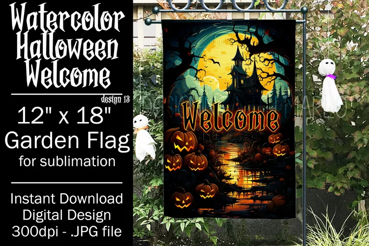 Halloween Garden Flag, Watercolor Halloween Welcome Flag