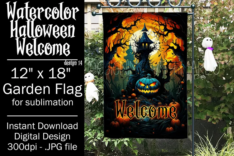 Halloween Garden Flag, Watercolor Halloween Welcome Flag