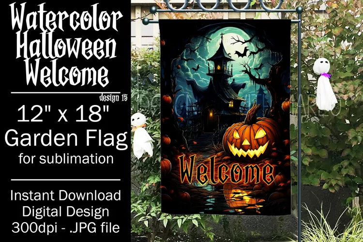 Halloween Garden Flag, Watercolor Halloween Welcome Flag