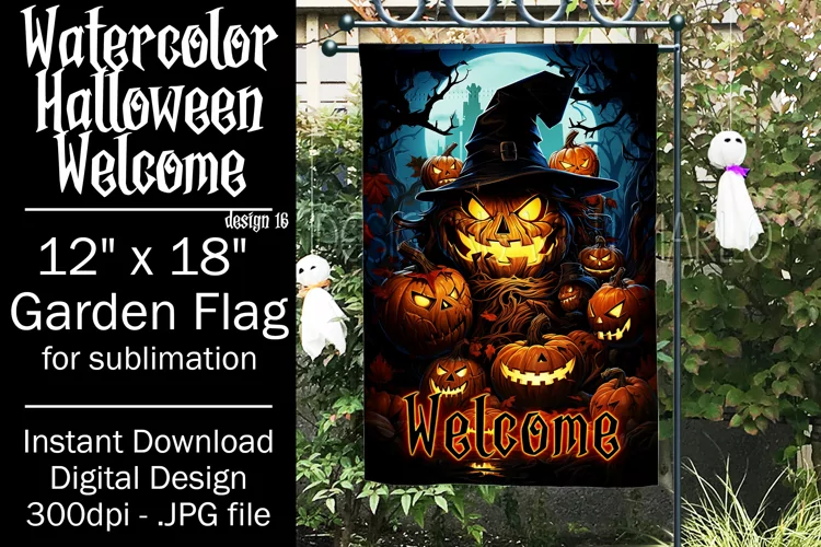 Halloween Garden Flag, Watercolor Halloween Welcome Flag