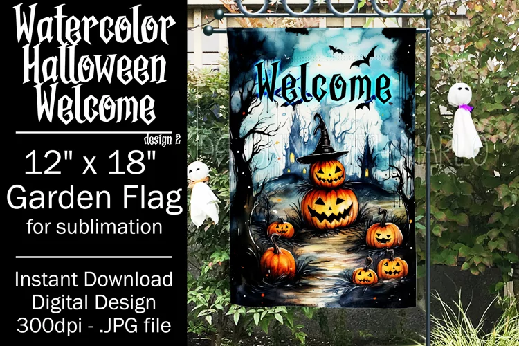 Halloween Garden Flag, Watercolor Halloween Welcome Flag
