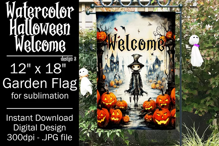 Halloween Garden Flag, Watercolor Halloween Welcome Flag