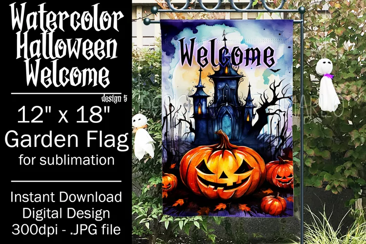 Halloween Garden Flag, Watercolor Halloween Welcome Flag