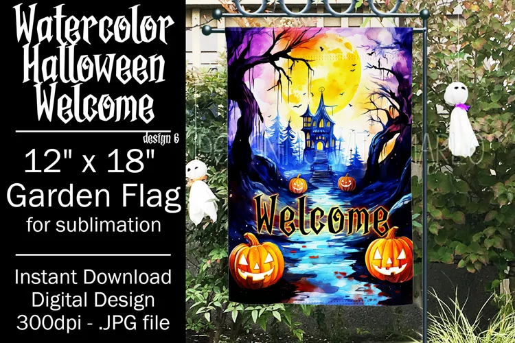 Halloween Garden Flag, Watercolor Halloween Welcome Flag