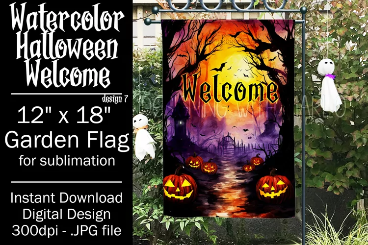 Halloween Garden Flag, Watercolor Halloween Welcome Flag