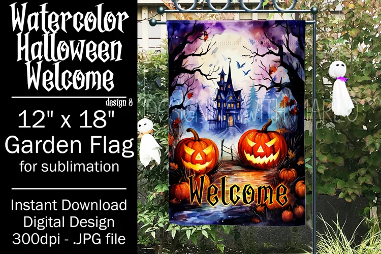 Halloween Garden Flag, Watercolor Halloween Welcome Flag