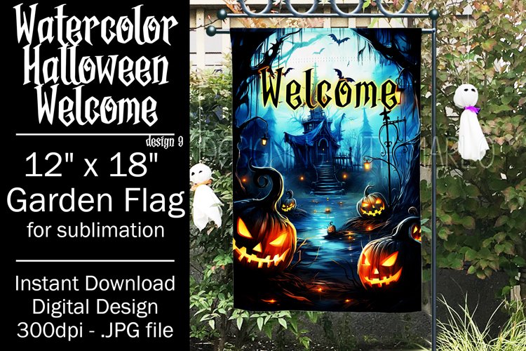Halloween Garden Flag, Watercolor Halloween Welcome Flag