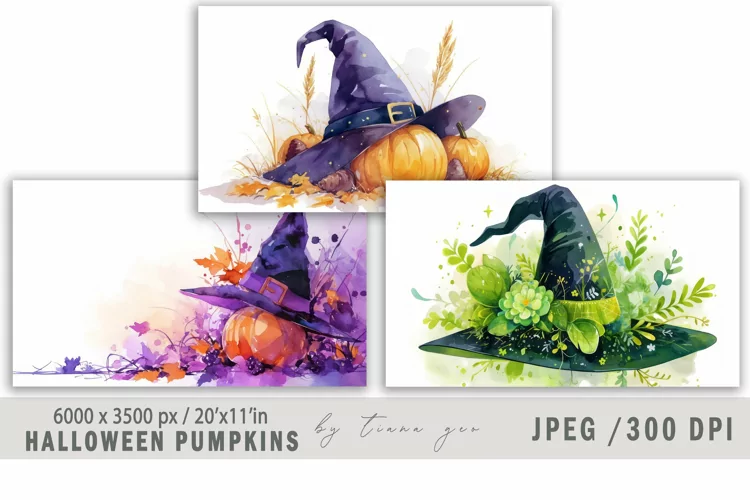 Cute watercolor Halloween witch hat - 3 jpeg files