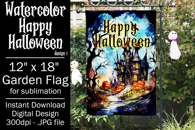 Halloween Garden Flag, Watercolor Happy Halloween Flag