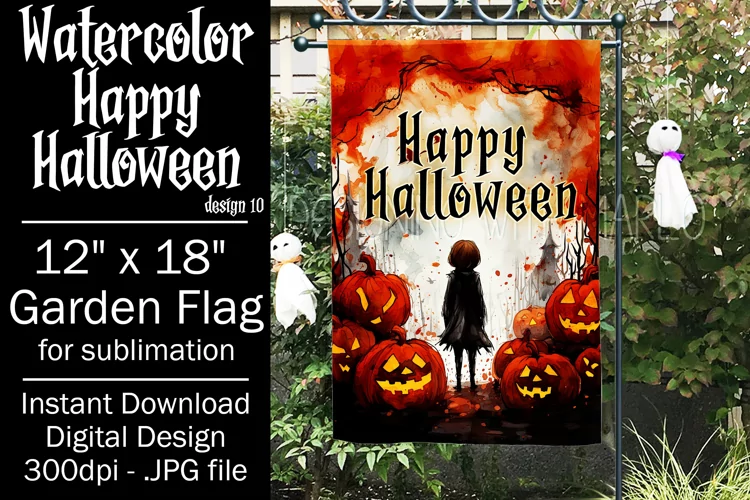Halloween Garden Flag, Watercolor Happy Halloween Flag