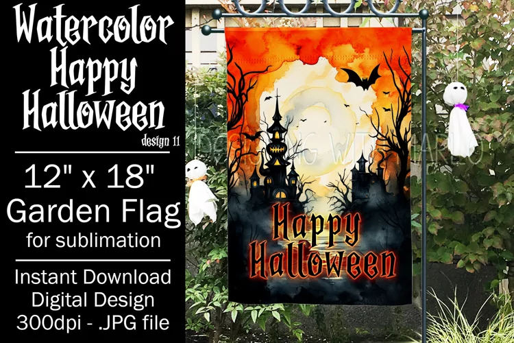 Halloween Garden Flag, Watercolor Happy Halloween Flag