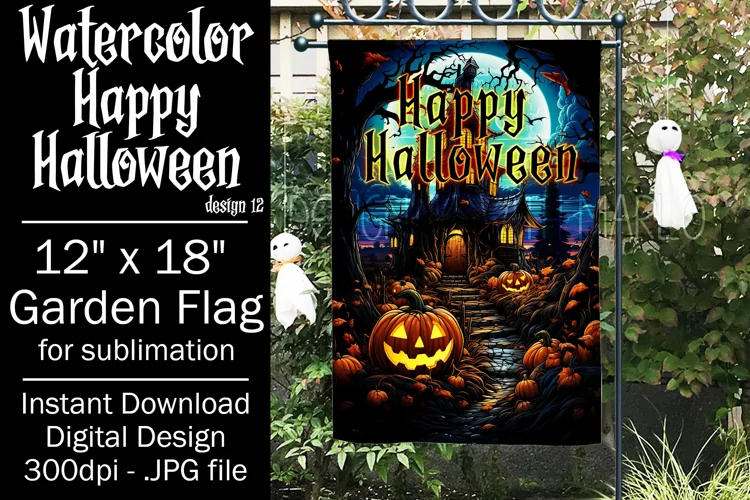 Halloween Garden Flag, Watercolor Happy Halloween Flag