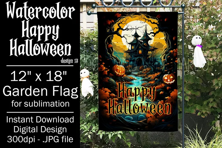 Halloween Garden Flag, Watercolor Happy Halloween Flag