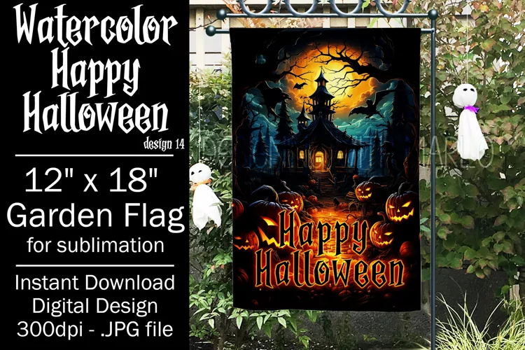 Halloween Garden Flag, Watercolor Happy Halloween Flag