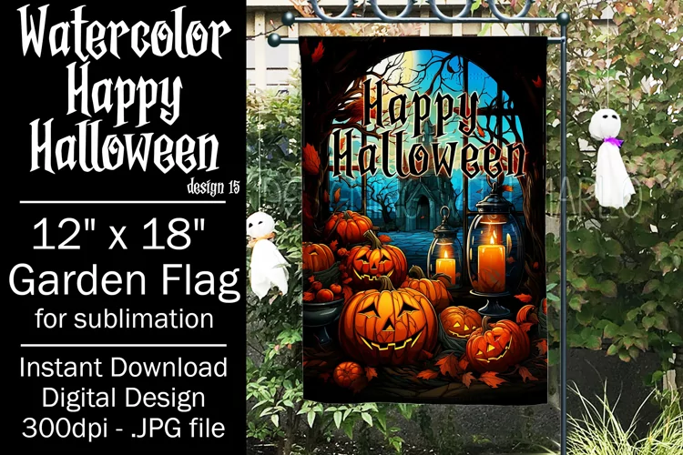 Halloween Garden Flag, Watercolor Happy Halloween Flag