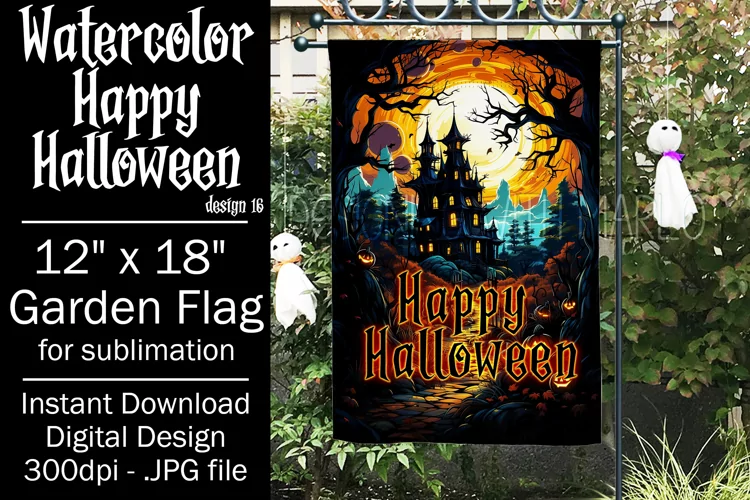 Halloween Garden Flag, Watercolor Happy Halloween Flag