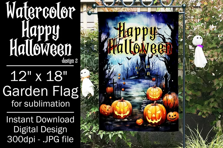 Halloween Garden Flag, Watercolor Happy Halloween Flag