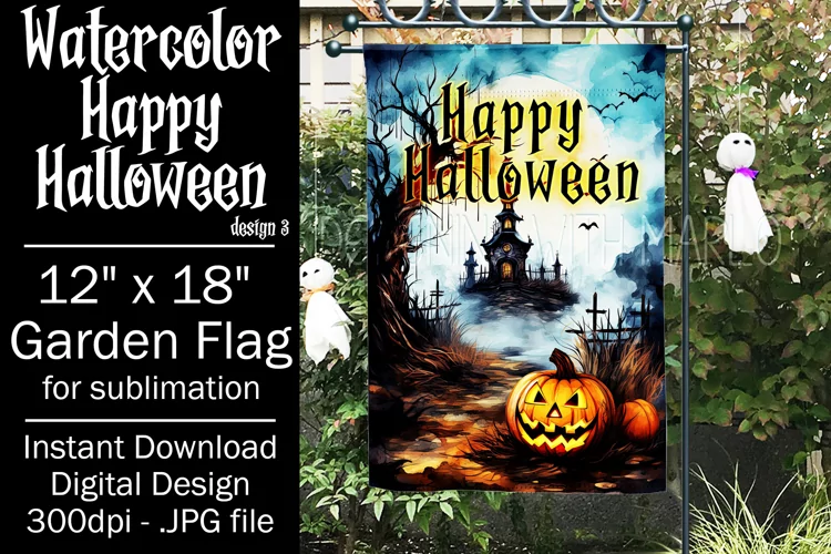 Halloween Garden Flag, Watercolor Happy Halloween Flag