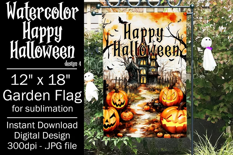Halloween Garden Flag, Watercolor Happy Halloween Flag
