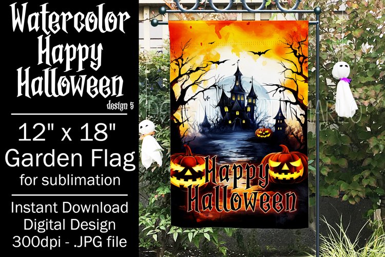 Halloween Garden Flag, Watercolor Happy Halloween Flag