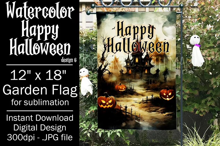 Halloween Garden Flag, Watercolor Happy Halloween Flag