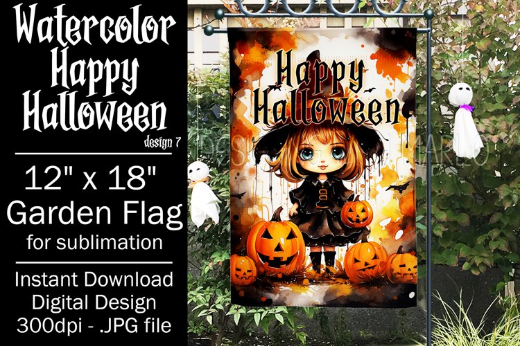 Halloween Garden Flag, Watercolor Happy Halloween Flag