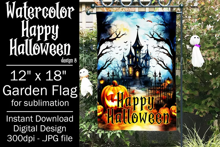 Halloween Garden Flag, Watercolor Happy Halloween Flag