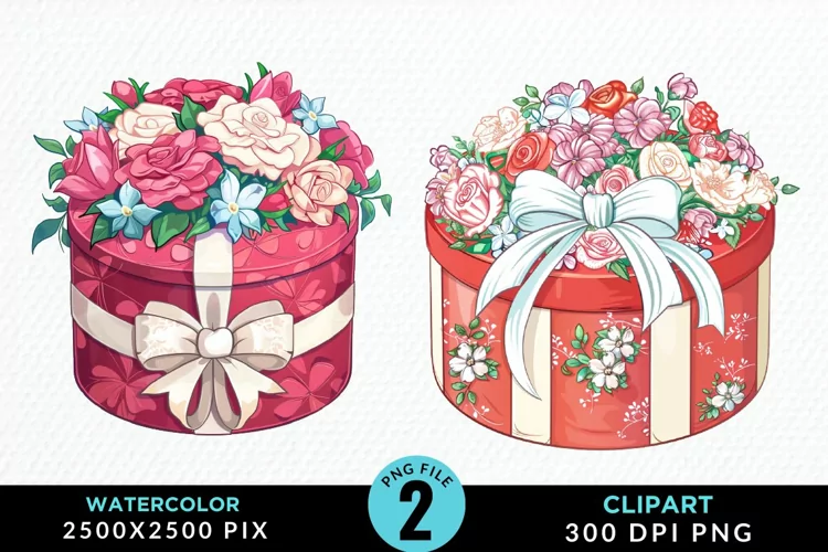 Watercolor Hatbox Flower Graphics Clipart